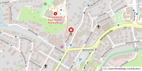 Karte mit dem Standort der Psychotherapeutischen Praxis Dorka in der Haußerstraße 15, Tübingen
